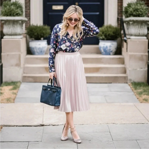 NWT RACHEL ROY Curvy Collection Blush Metallic Pleated Aline Midi Skirt - Picture 1 of 10